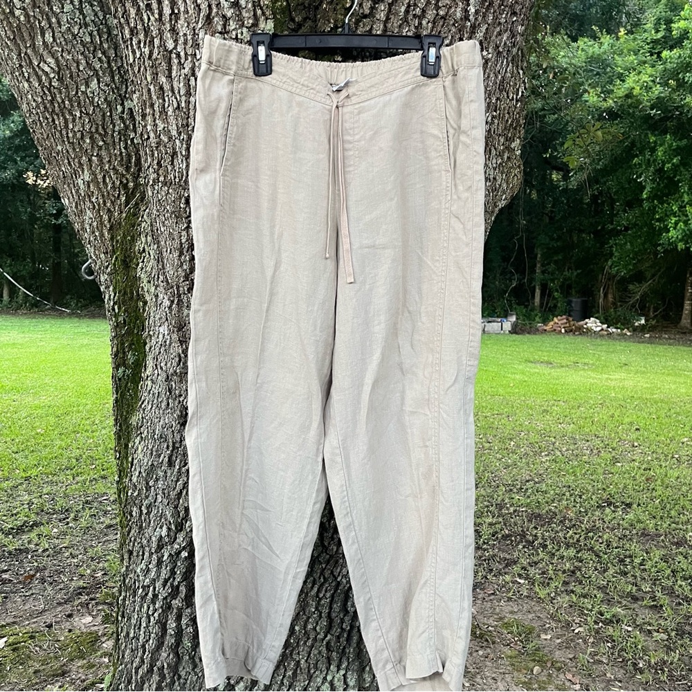 J. JILL LOVE LINEN LARGE OATMEAL TAN TAPERED DRAWSTRING PANTS POCKETS